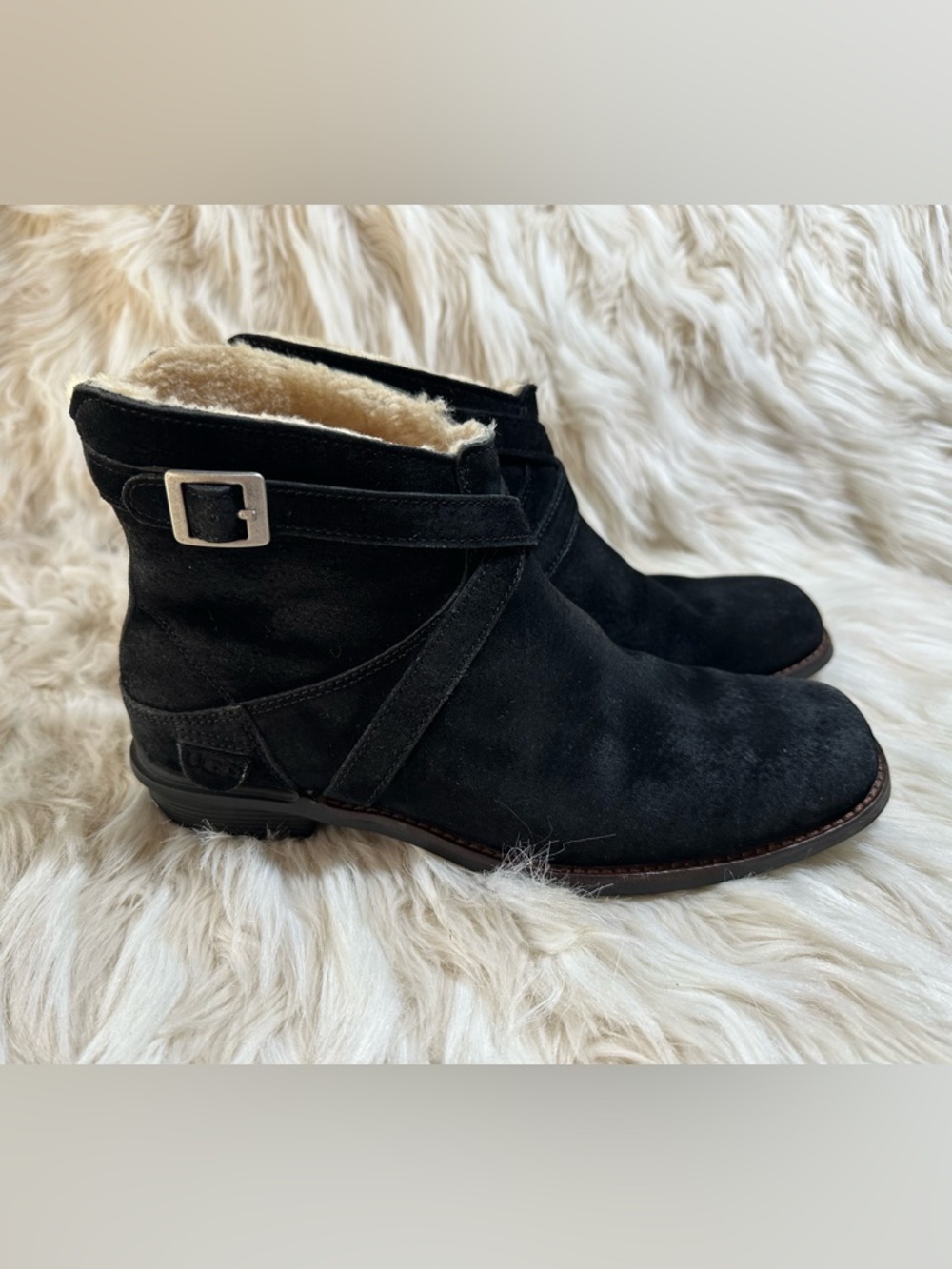 UGG Black Suede Shearling Lined Moto Ankle Boots Buckle Strap Women’s Size 7